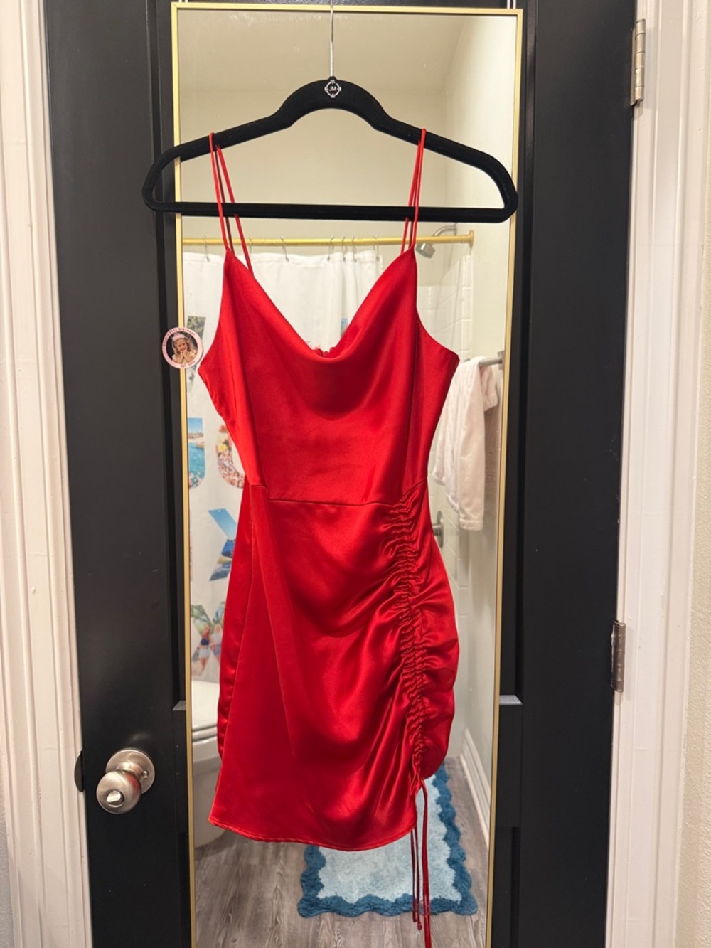 Zara Red Satin Cowl Neck Ruched Mini Dress